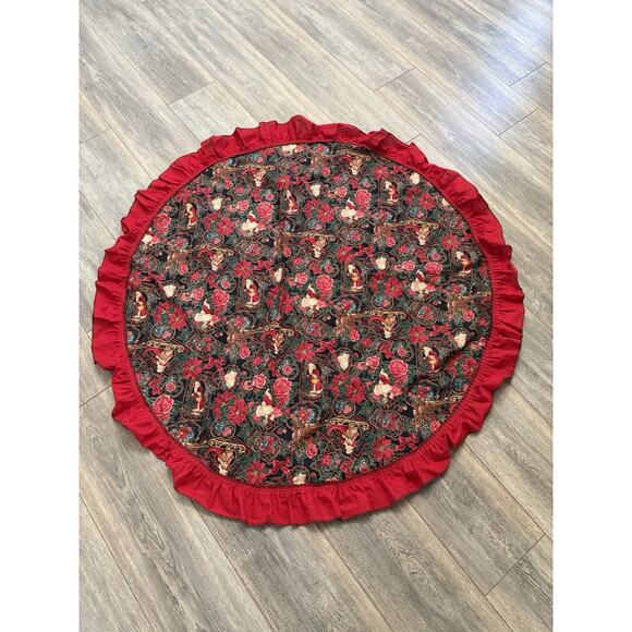 Vintage Christmas Skirt Tablecloth Round Ruffle Cotton 45” Red Print Victorian - Picture 1 of 7